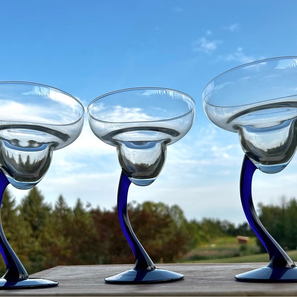 Vintage COBALT BLUE LIBBY BRAVURA MARGARITA GLASSES CURVED STEM set of 3 - Picture 4 of 7
